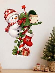 1pc Christmas Snowman & Mailbox Wall Sticker, Cute Snowman With Letters Holly & Gift Box Wall Decal, Self-Adhesive Removable Waterproof PVC Peel And Stick Wall Decor For Living Room Bedroom Entryway, Holiday Home Decoration - Christmas Snowman Mailbox Theme - View 4
