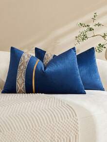 1pc/2pcs Velvet Gold Metallic Leather Sequins Embroidery Striped Throw Pillow Case (Pillow Insert Not Included), Square Cushion Cover, Holiday Home Decorative Pillow, Soft Comfortable Fabric, Modern Decor For Sofa, Bedroom, Dorm - Navy Blue - View 3