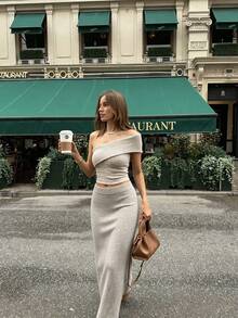 Solid Color Off-The-Shoulder Sleeveless Cropped Knit Top And Long Straight Knit Skirt 2-Piece Set, Slim Fit, Coffee Color, For Date, Afternoon Tea, - Grey - View 2