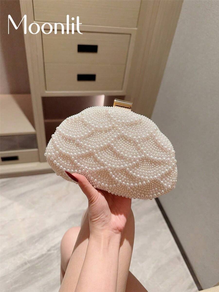 仿珍珠装饰方形链条斜挎包 - 白色 - 查看 1