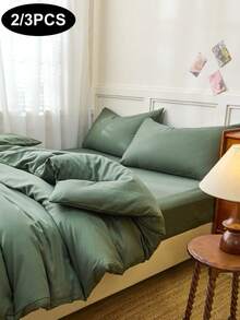 2/3pcs Solid White Reversible Duvet Cover Set (1 Duvet Cover And 1/2 Pillowcase), Breathable Fabric, Suitable For All Seasons, Dual-Color Design, Applicable For Bedroom, Guest Room, Wedding, Valentine's Day, Dormitory, School And Other Occasions. - Green - View 2
