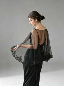 1pc Semi-Sheer Black Soft Tulle Lace Shawl Loose Free Size Short Top Pullover Cover-Up For Dress Wedding Gown - Black - View 2