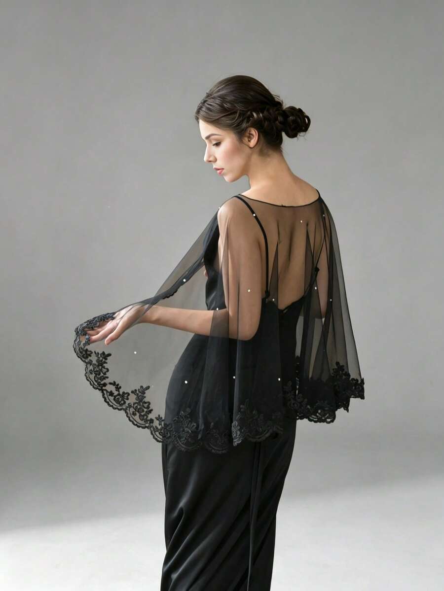 1pc Semi-Sheer Black Soft Tulle Lace Shawl Loose Free Size Short Top Pullover Cover-Up For Dress Wedding Gown