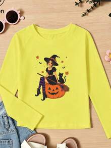 Halloween Girls Cotton Raglan Long Sleeve Tee, Witch Pumpkin Black Cat Print, Cute Sweet Preppy Style - Bright Yellow - View 3