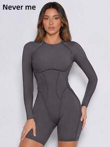Never me Women's Sports Shorts Round Neck Long Sleeve Hollow Back Cutout Tight Fit Bodysuit - Grey - View 6