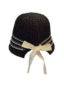 1 PC Women's Crochet Bow Ribbon Bucket Sunshade Hat - Lightweight Packable Faux Straw Sun Hat For Outdoor Beach Travel Hiking - Black - View 7
