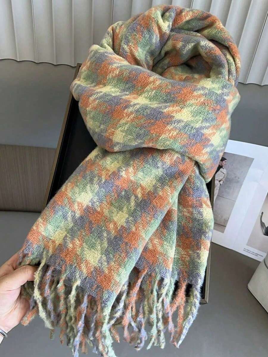 1件多巴胺格紋女款圍巾,秋冬新款氛圍感保暖披肩領巾 - 橘色 - 查看 1