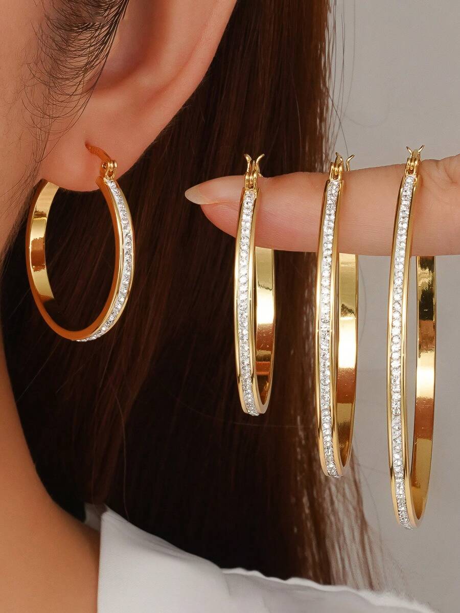1pc European & American Luxury Style Full Circle Single Drainage Rhinestone Large Hoop Earrings, Copper Plated Gold Flat Wide Edge Clip-On Ear Hoop Jewelry, Premium Versatile Commute Vacation Multi-Size Options For Women