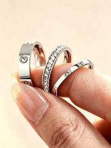 3pcs Silver Stainless Steel Stackable Ring Set, Cubic Zirconia Inlaid Plain Rings, Waterproof Daily Stacking Finger Jewelry For Women Party And Date - Four-leaf Clover 3pcs - View 8