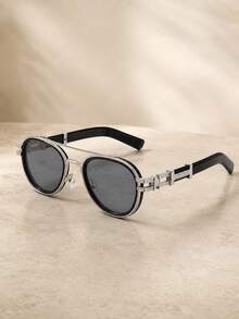 European & American Retro Sunglasses For Men, Silver-Grey Metal Frame, Dark Grey Lenses, Small Round Frame Design, Black Temples With Silver Layered Decoration, Light Luxury High-End Feel, Cafe, Daily Streetwear - Multicolor - View 2