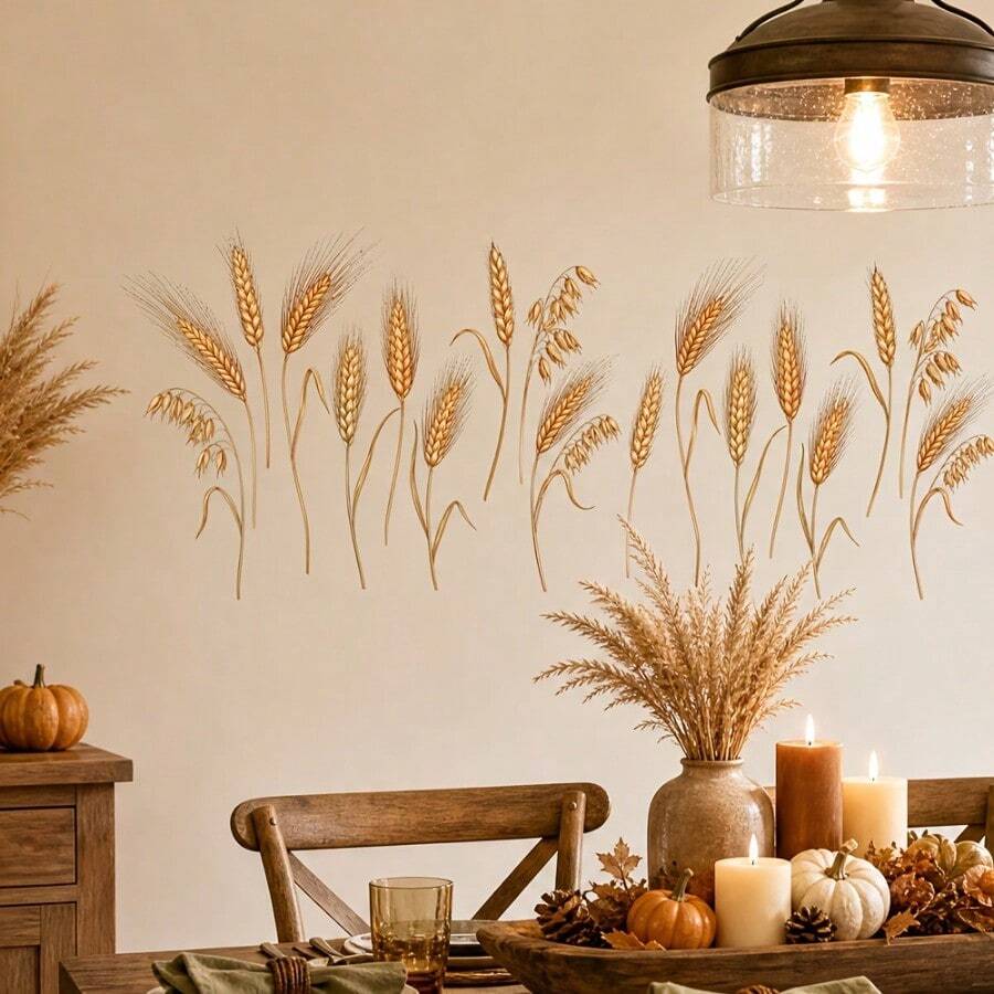 1pc Pastoral Style Gold Wheat Ear Wall Sticker, Nordic Style Bedroom Entrance Wall Decor Sticker - 60*25cm Wheat Ear - View 1