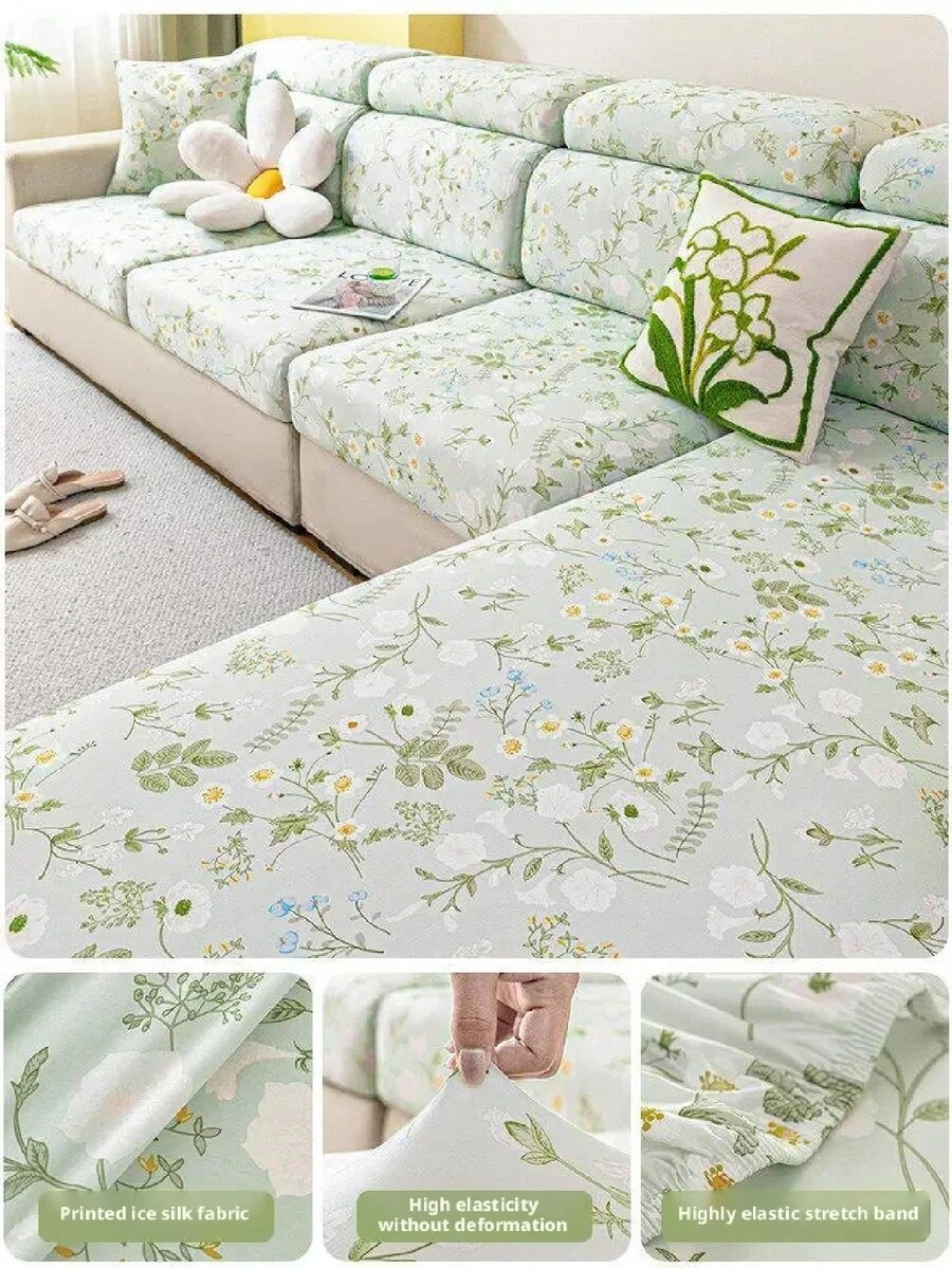 1pc Summer Breathable Sofa Cover, Universal Fit Anti-Slip Sofa Cushion, Elastic Sofa Slipcover, Suitable For L-Shaped Sofa And 1/2/3/4 Seater Sofa Protection - Green - View 1