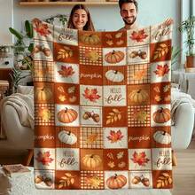 1pc Hello, Autumn Patchwork Flannel Blanket, Pumpkin, Maple Leaf & Acorn Plaid Print, Soft & Comfortable, Suitable For Sofa, Bed & Home Decor Autumn Blanket - Multicolor - View 1