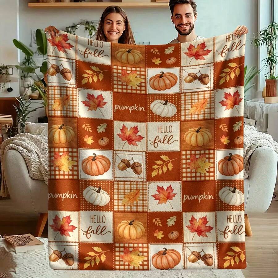 1pc Hello, Autumn Patchwork Flannel Blanket, Pumpkin, Maple Leaf & Acorn Plaid Print, Soft & Comfortable, Suitable For Sofa, Bed & Home Decor Autumn Blanket - Multicolor - View 1