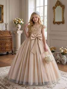 Tween Girls Embroidered Mesh Princess Long Dress Elegant Ball Gown Puffy Dress Suitable For Party, Headband Not Included - Champagne - View 6