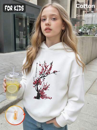 Autumn Girls Hoodie With Red Plum Blossom Print, Long Sleeve Crewneck Pullover