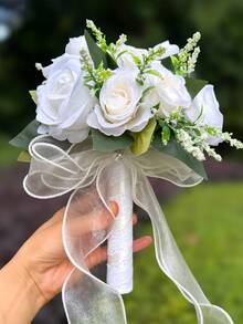 White Pearl Tulip Bridal Bouquet(8.66inch)With Pearl Decoration, Lace Bow Artificial Flower For Wedding Party Prom Gift - Multicolor - View 15