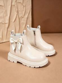 1 Pair Beige Ankle Boots, Solid Color Soft Bow Decor, Round Toe Soft Sole Inner Zipper Design, Fashion Classic Boots, Suitable For Daily Wear, School, Holidays, Parties, Autumn/Winter New Style - Beige - View 2