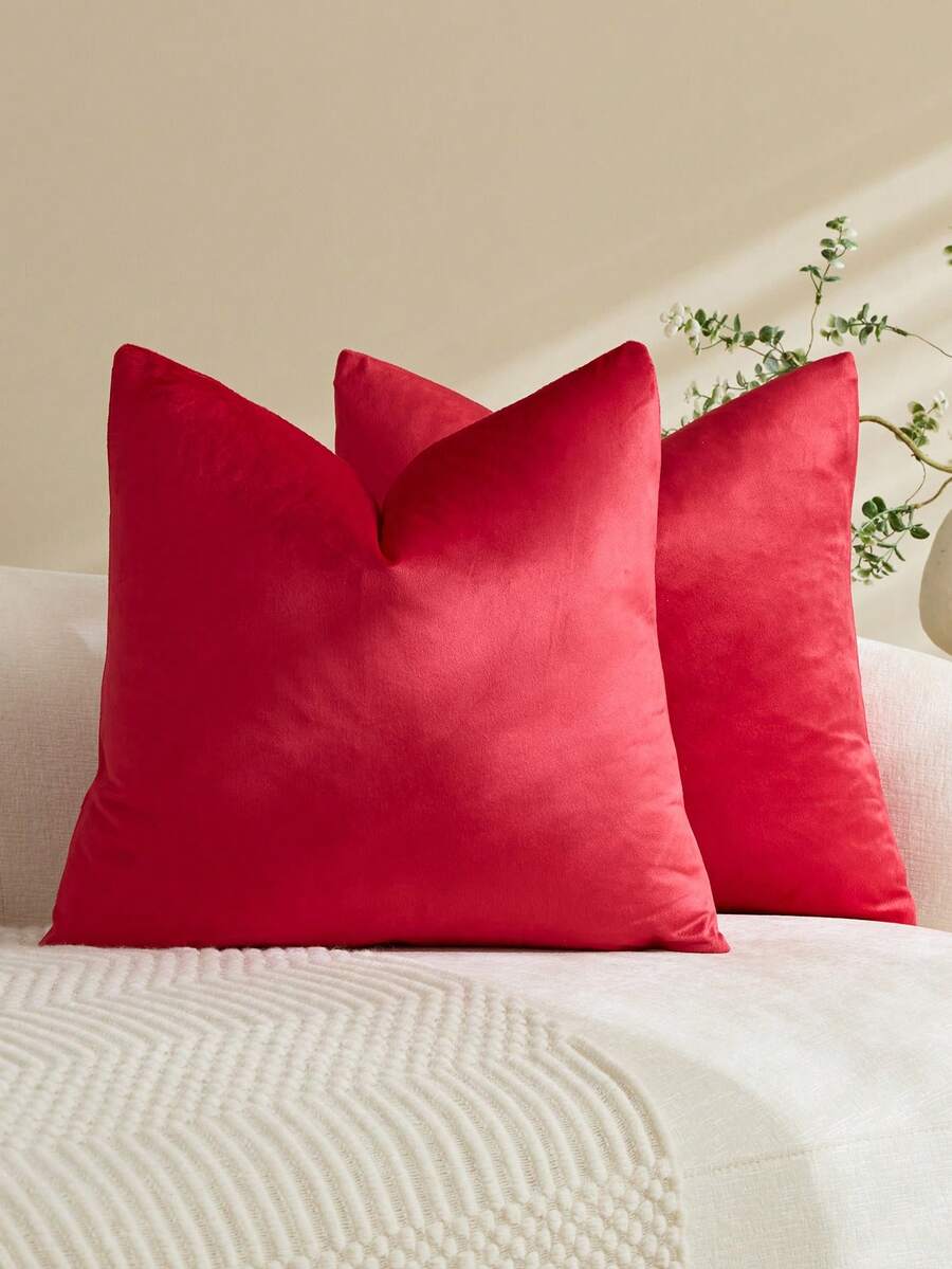 1pc/2pcs Velvet Red Solid Color Decorative Throw Pillow Cover (Pillow Insert Not Included), Square Cushion Cover, Holiday Home Decor Pillow, Soft & Comfortable Linen-Like Fabric, Modern Decor For Sofa, Bedroom, Dorm