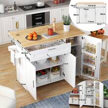 Flieks 132.5*44(70)*90cm Large Mobile Kitchen Island, Foldable Countertop, Oak Grain, Multifunctional Cabinet, Spice Rack, Towel Holder, 5 Casters, Suitable For Kitchen/Dining/Home - White - View 3