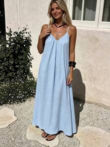 Vestido de cuello en V sin espalda, estilo bohemio, para playa, boda, uso diario elegante, primavera/verano - Lavado ligero - Ver 2