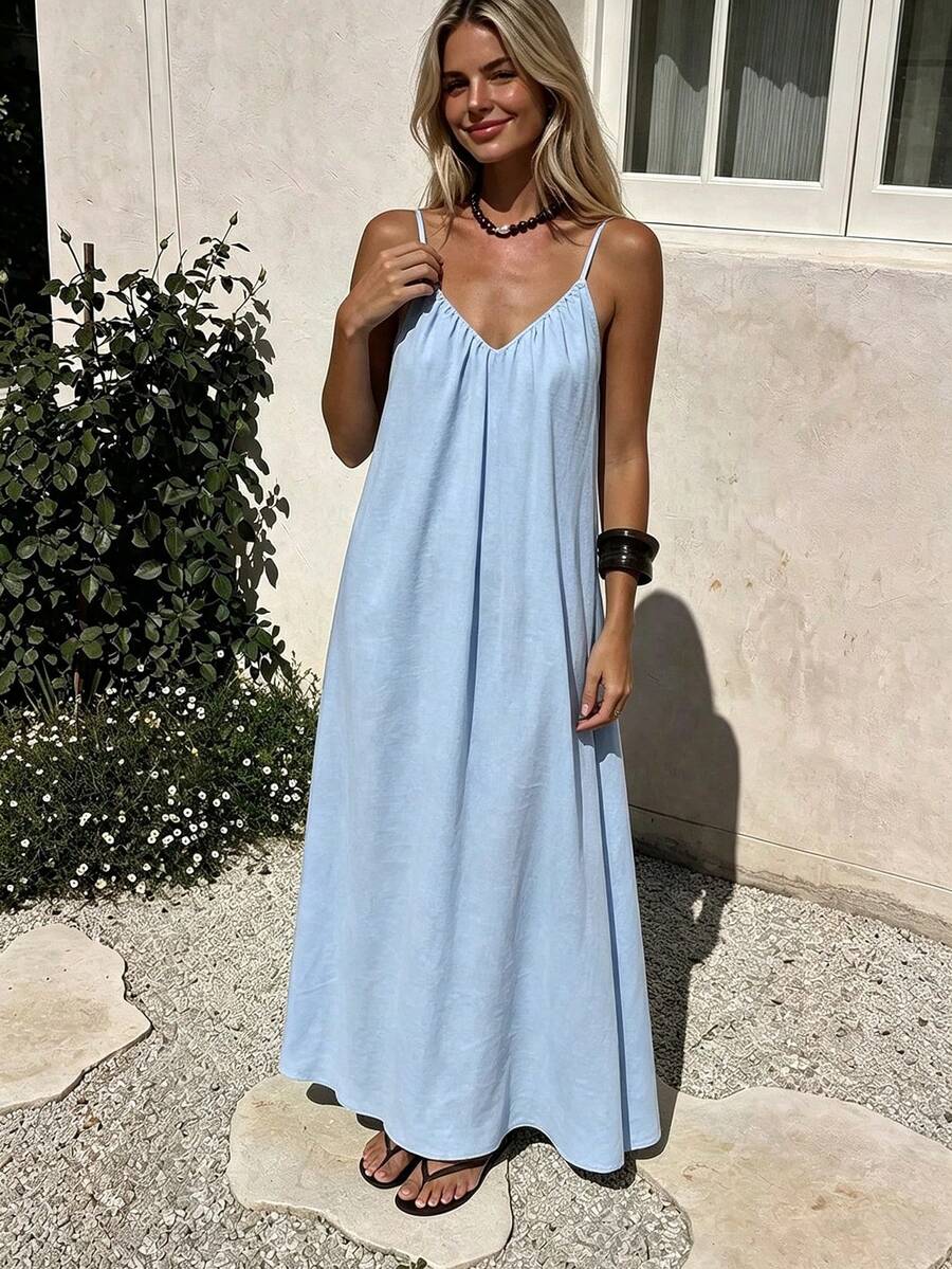 Vestido de cuello en V sin espalda, estilo bohemio, para playa, boda, uso diario elegante, primavera/verano