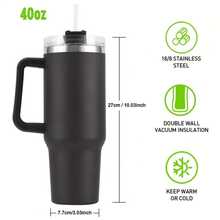 40oz Double-Walled Vacuum Insulated Stainless Steel Water Bottle With Handle, Equipped With Straw Lid And Straw, Leak-Proof And Rust-Resistant, Suitable For Hot And Cold Drinks, An Essential Item For Outdoor Activities And Sports - Black - View 3