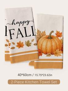 2PCS Kitchen Towels HAPPY FALL Autumn Pumpkin Print 40*60cm Minimalist Style Rectangular Microfiber Kitchen Towels, Dish Cloths, Tablecloths, Hand Towels, Bathroom Kitchen Decor, Home Decor, Housewarming Gift For Neighbors, Perfect For Kitchen And Bathroom Use, Suitable For Housewives And Family Gatherings, High Cost-Performance, Essential Home Item - Orange - View 2