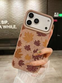 1pc Vintage Autumn Maple Leaf Faux Suede Brown Skin-Friendly Phone Case Covers, Girls Autumn Thanksgiving Faux Leather TPU Soft Shell Full Coverage Anti-Drop Compatible With IPhone18 Pro 18 ProMax 17 16 15 14 Pro Max Fast Shipping - Brown - View 8