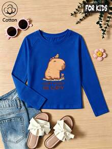Girls Cotton Raglan Long Sleeve T-Shirt For Fall Winter, Cartoon Capybara Print Orange Tee, Cute Sweet Preppy Style For Girls - Colorful Orchid - View 3
