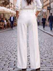 Women's White Polyester Straight Leg Pants With Button And Zipper Details, Suitable For Spring Wear, Non-Stretch Fabric - White - View 6