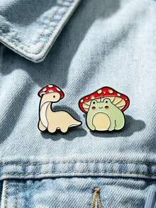 2pcs Cartoon Cute Mushroom Dinosaur Frog Shaped Brooch, Alloy Metal Badge, Clothing Accessory, Bag Decoration - Multicolor - View 3