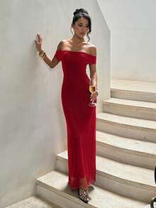 Autumn Solid Color Mesh Off-Shoulder Slit Dress, Elegant Dress For Party And Date - Burgundy - View 1