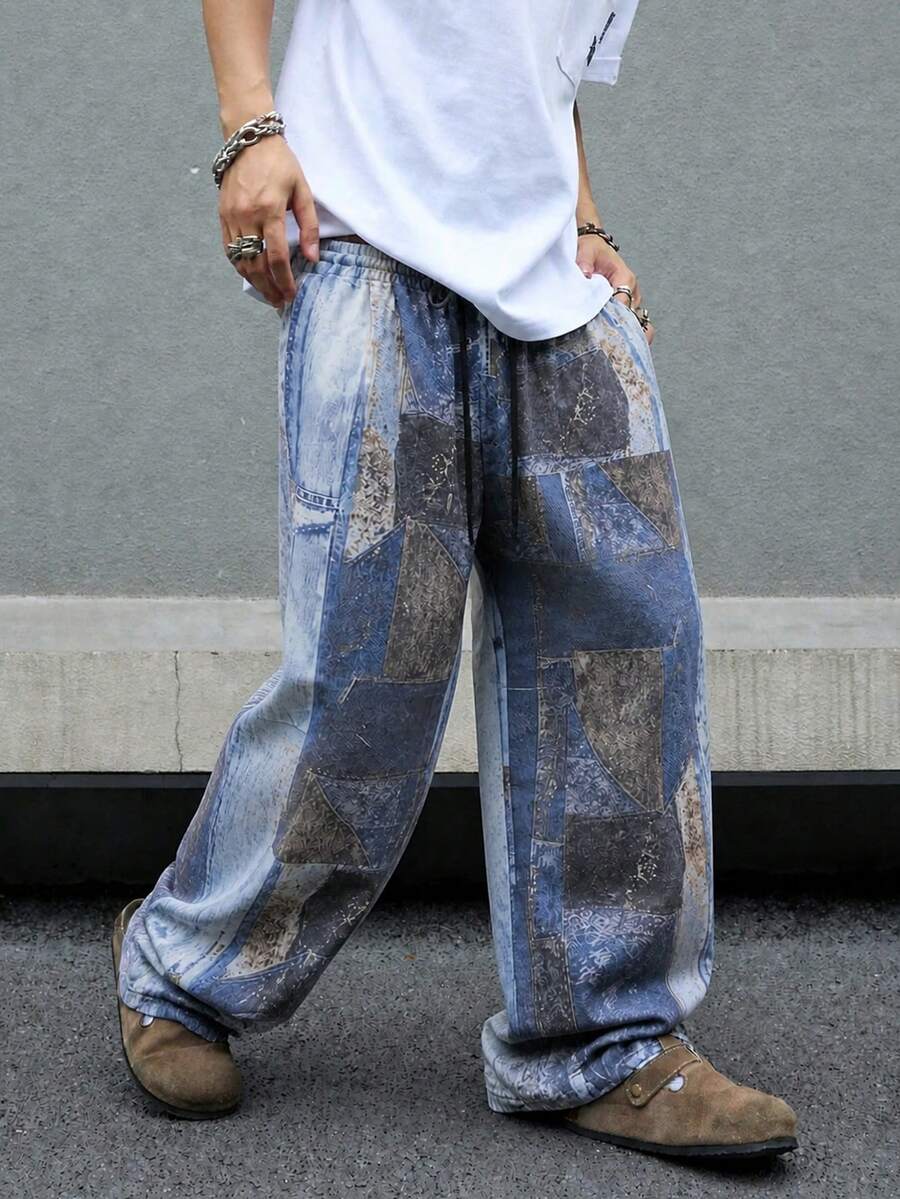 Zrgoth Men's Vintage Patchwork Denim Print Drawstring Loose Wide Leg Streetwear Long Pants - Blue - View 1