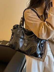 Vintage Minimalist Large Capacity Fashion Student Work Commute Tote Bag - Black - View 8