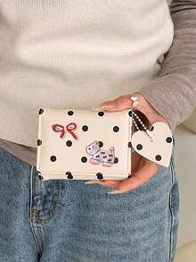 Sweet Polka‑Dot Bow And Dog Decor Pu Small Wallet, Heart Charm Card & Id Document Holder Purse, Cute Gift For Birthday Christmas Halloween For Girls - Multicolor - View 2