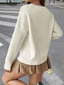 Plus Size Women Solid Color Asymmetrical Shoulder Casual Daily Long Sleeve Sweater - Beige - View 3