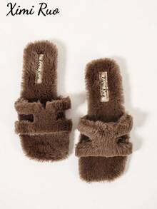 Ximi Ruo Pantuflas de mujer de unicolor con piel sintética suave y plana, uso casual para vacaciones, playa, hogar, interior y exterior, otoño e invierno, cálidas, estilo simple y de moda, con forro suave y esponjoso, zapatos tipo slip-on para mujer, cómodos, ligeros, versátiles, para uso diario, viajes y salidas, estilo suave y delicado, pantuflas de forro polar de doble uso para hogar y exterior - Café integral - Ver 7