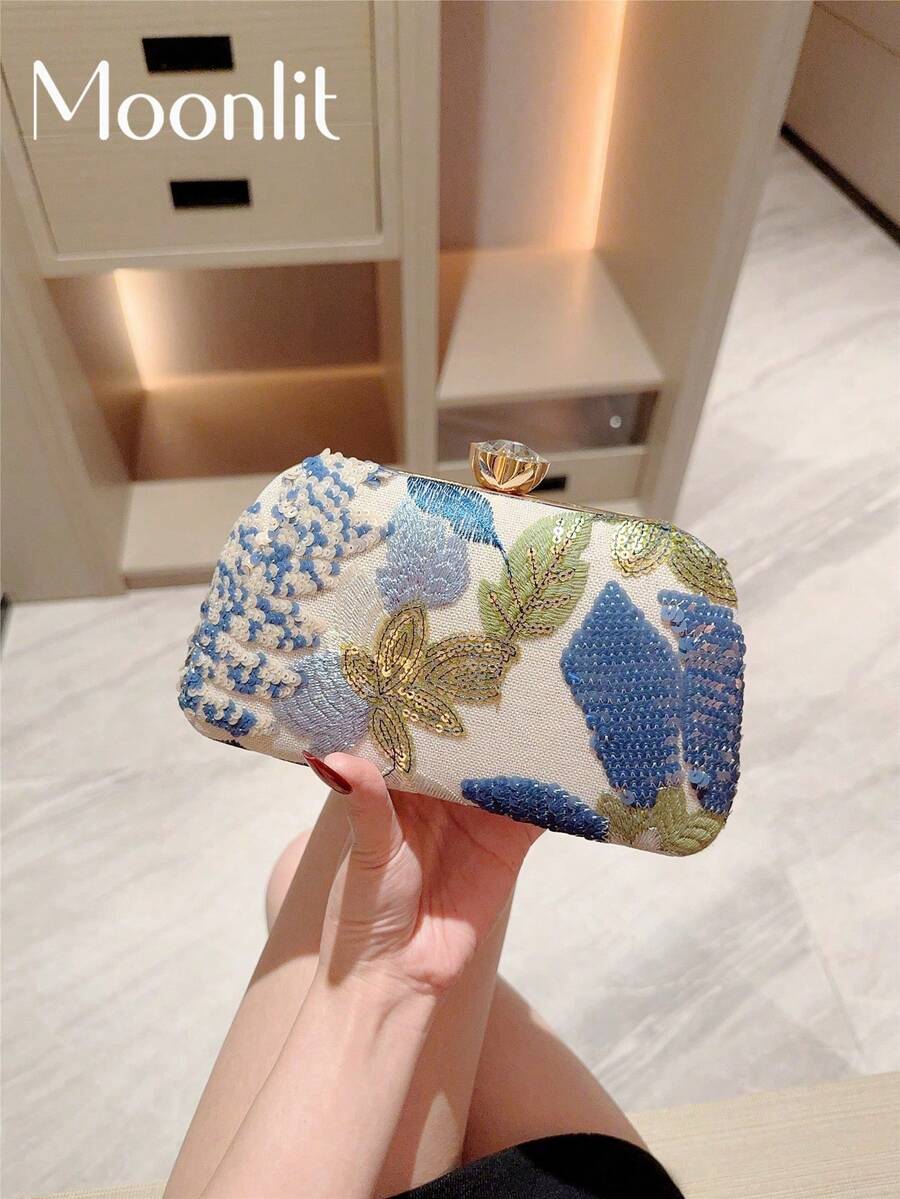 月光之夜包,多色花卉斜挎包,时尚复古链条手拿包,迷你方形盒包,适合派对女孩、新娘、大学生、年轻职业人士,百搭派对、舞会、婚礼等场合,完美搭配派对配饰,图案随机发送 - 藍色 - 查看 1