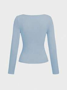 Basic Minimalist Crew Neck Double Layer Seamless Slim Fit Long Sleeve Top Casual Spring - Blue - View 6