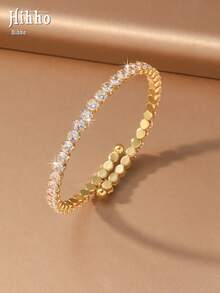 Hihho 1pc Luxury Sparkling Rhinestone Expandable Bracelet, Minimalist Versatile Layering Bracelet, Suitable For Commute And Party - Gold - View 10