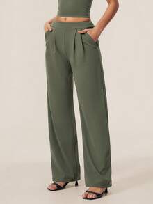TimeOff Women's 1pc Solid Color Autumn/Winter Pleated Front Side Pocket Straight Leg Wide Leg Pants - Green - View 8