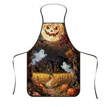 1pc Halloween Pumpkin Full Moon & Ghost Print Apron, Featuring Smiling Pumpkin Moon, Ghost & Cozy Cabin, Cornfield Pattern, Durable Cooking Apron Suitable For Bakers, Cake Decorators, Party Planners, Painters, Nail Artists - Personalized Gift For Home & Professional Chefs - Multicolor - View 1