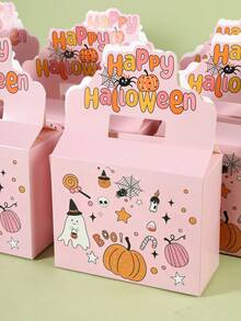 2/4/6/8/12pcs Halloween Paper Gift Boxes, Pink Pumpkin & Bat Pattern Rectangular Candy Boxes With Handles, Cute Candy, Cookie, Snack Packaging Boxes For Halloween Party Favors, Trick Or Treat Candy Bags - Multicolor - View 4