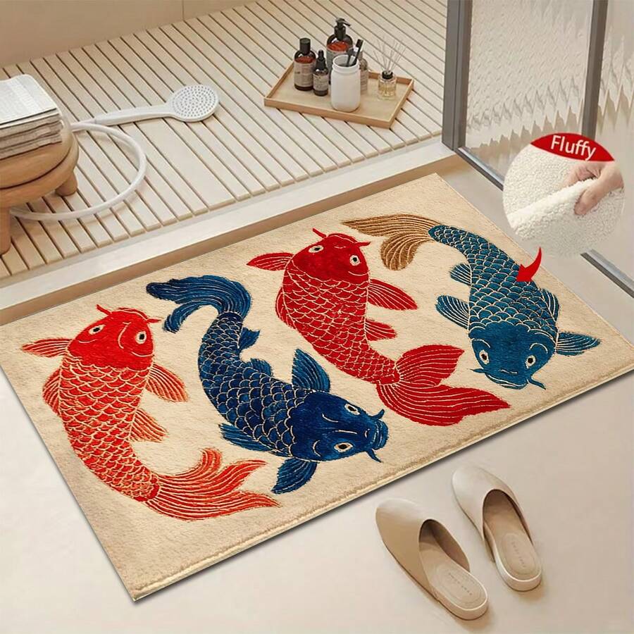 1pc Retro Goldfish Design Microfiber Bath Mat,Non-Slip And Soft Bathroom Floor Rugs,Doormat,Water Absorption Mat,Machine Washable,Low Pile,TPR Backing,Knit Fabric,For Bedroom,Kitchen,Entryway,Indoor Use,Accessories & Home Decor,Perfect New Home Gift. - Multicolor - View 1