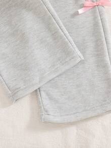 Setelan Kasual Segar 2 Potong untuk Anak Perempuan dengan Dekorasi Pita, Sweatshirt Longgar Leher Bulat dan Celana Panjang Lebar, Musim Semi/Gugur - Grey - View 9