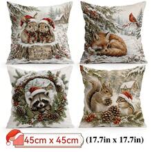 4pcs Winter Forest Animal Christmas Pillow Covers, Snow Rabbit Fox Raccoon Squirrel Print Pattern, Single-Sided Print Pillow Covers/Cushion Covers, Multi-Scene Atmosphere Decoration Pillow Covers Suitable For Living Room Sofa Bedroom, Pillow Insert Not Included - Multicolor - View 11