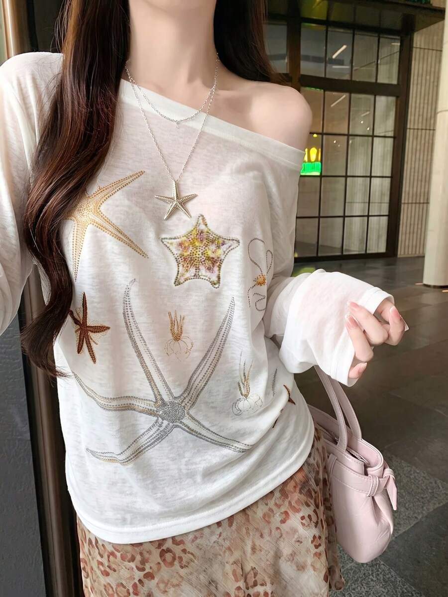 American Beach Vacation Aurora Island Style Starfish Print Lightweight Semi-Sheer Sun Protection Cover-Up Loose Long Sleeve T-Shirt - White - View 1