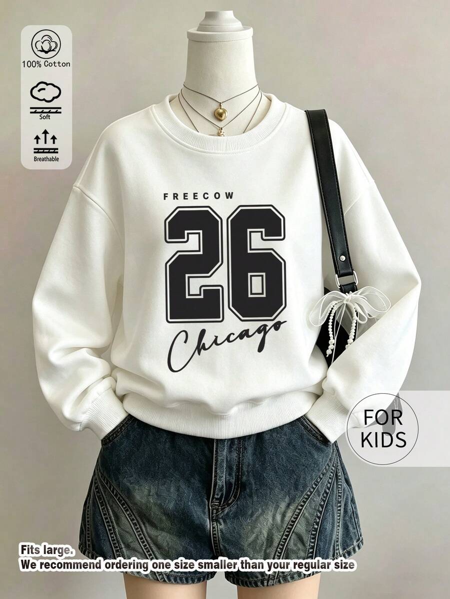 Tween Girl Crewneck Sweatshirt, 26 Chicago Number Letter Printed Cotton Pullover, Soft Breathable Casual Top - White - View 1