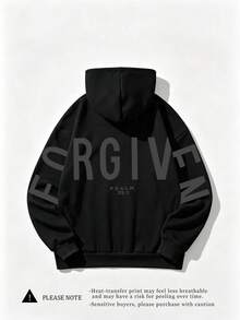 FORGIVEN PSALM 聖經基督耶穌禱告圖案舒適休閒衛衣，秋冬女款，長袖口袋微落肩黑色 - 黑色 - 查看 3